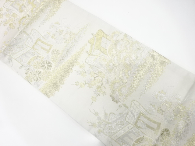 JAPANESE KIMONO / ANTIQUE FUKURO OBI / WOVEN CARRIAGE & FLOWER